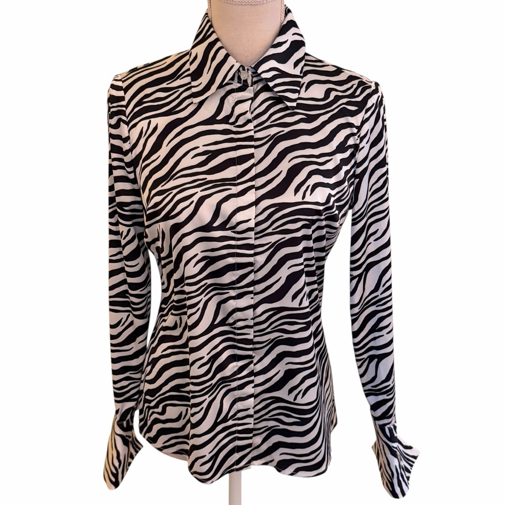Boston Proper Black/White Satin Zebra Print Long Sleeve Blouse 4 NEW